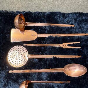 Vintage Solid Copper Kitchen Utensil Set Ladle Strainer Fork Spoon & Spatula